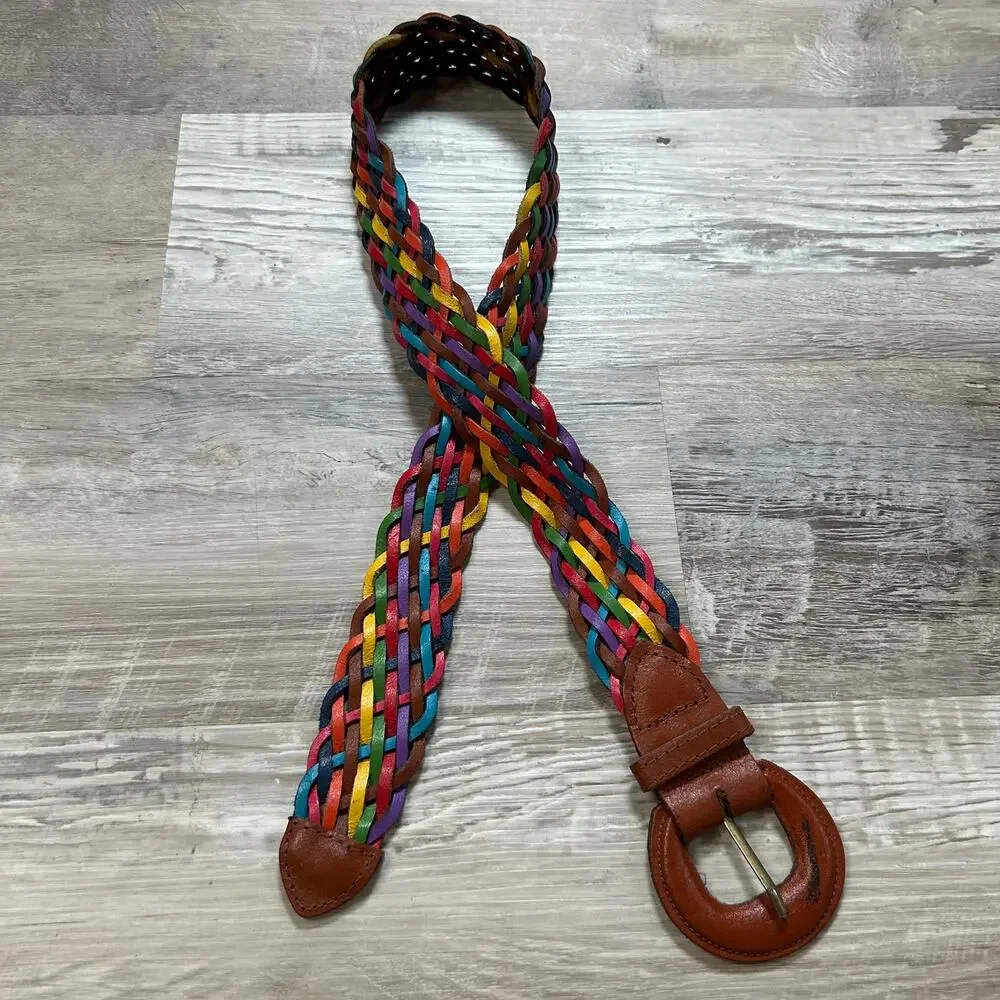 Capezio Rainbow Braided Leather Belt Round Buckle Boho S/M Argentina